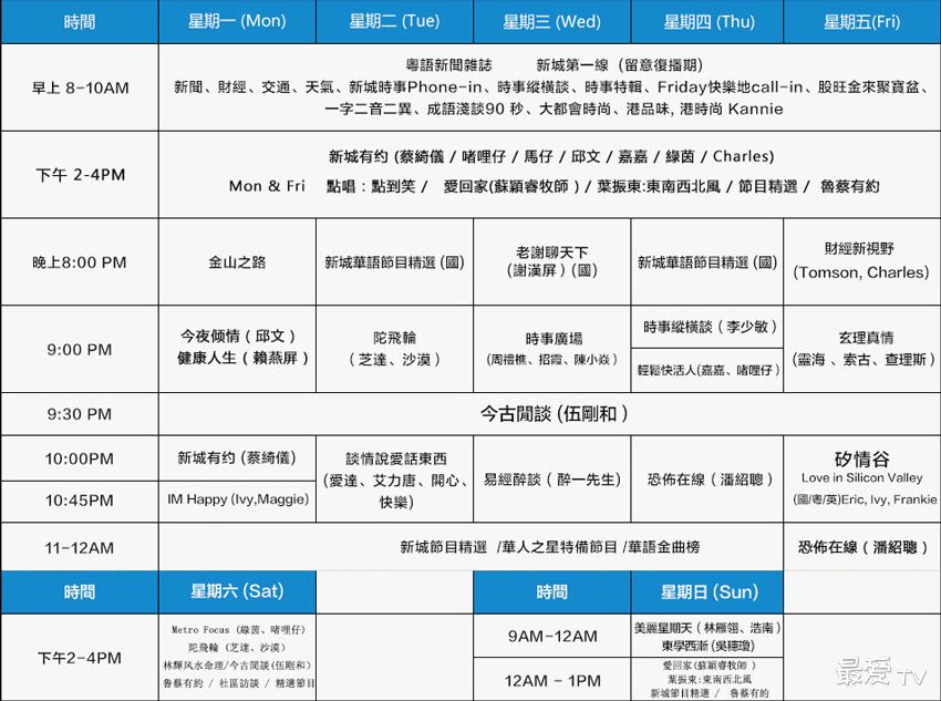湾区新城电台节目表 湾区新城电台节目表