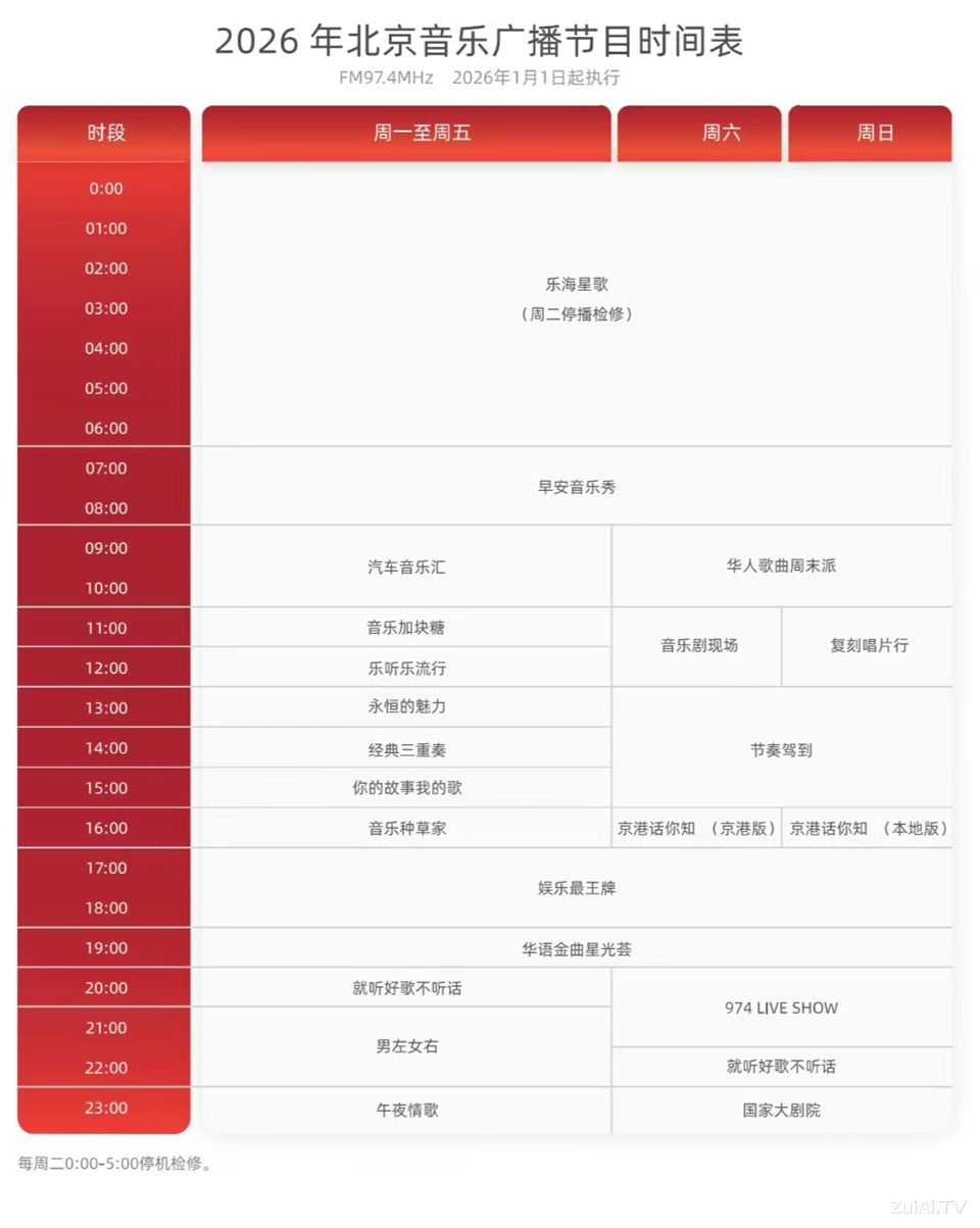 北京音乐广播2026年节目时间表