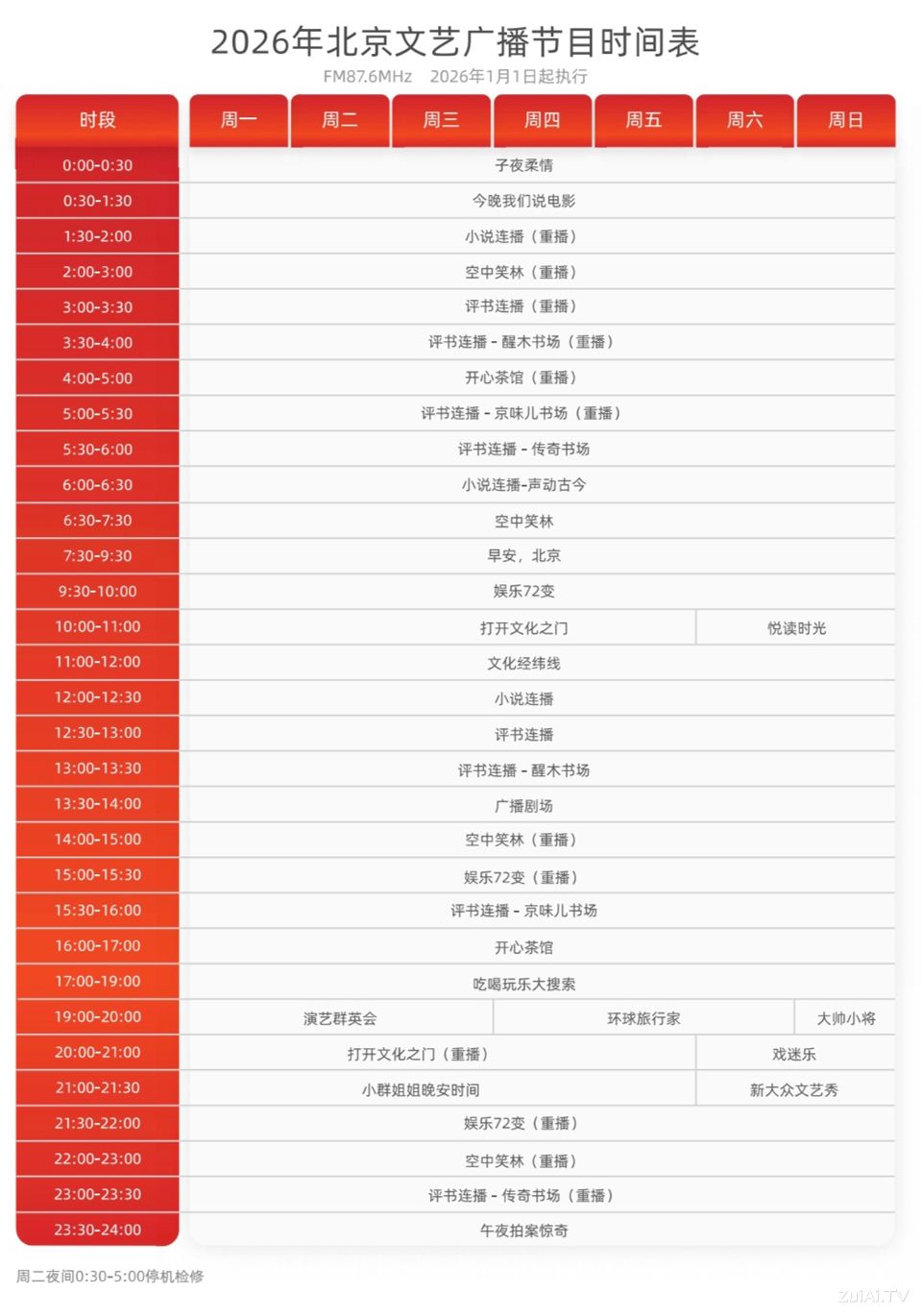北京文艺广播2026年节目时间表