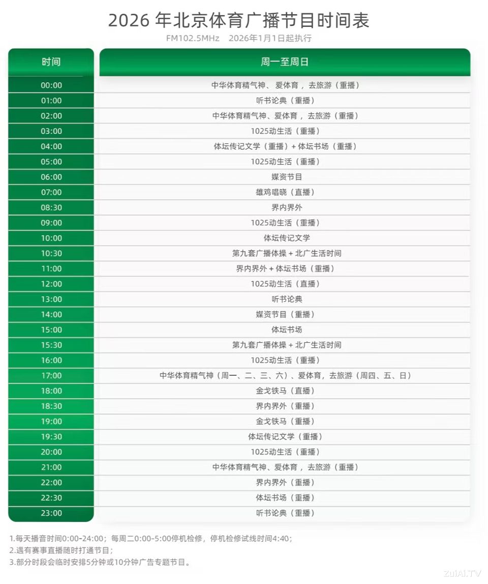 北京体育广播2026年节目时间表
