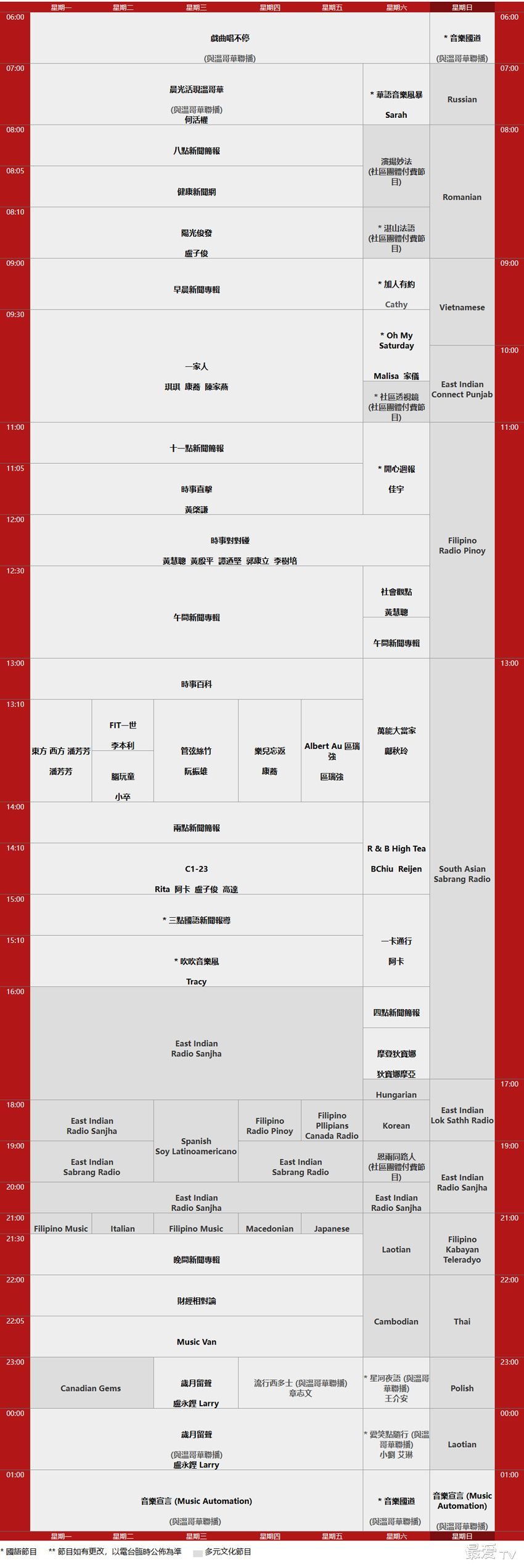 加拿大中文电台FM94.7节目表